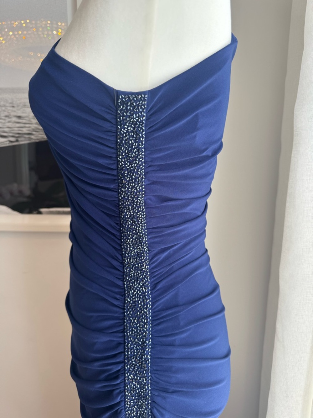 Laundry By Shelli Segal Chic Navy One-Shoulder Ruched Gown with Beaded Trim